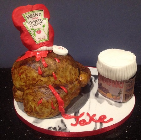 Roast chicken, ketchup and Nutella shaped birthday cake