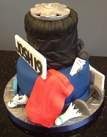 Birthday cake for a young man who loves his car, badminton and going to the gym