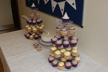 Purple & Yellow wedding cupcakes on 2 stands